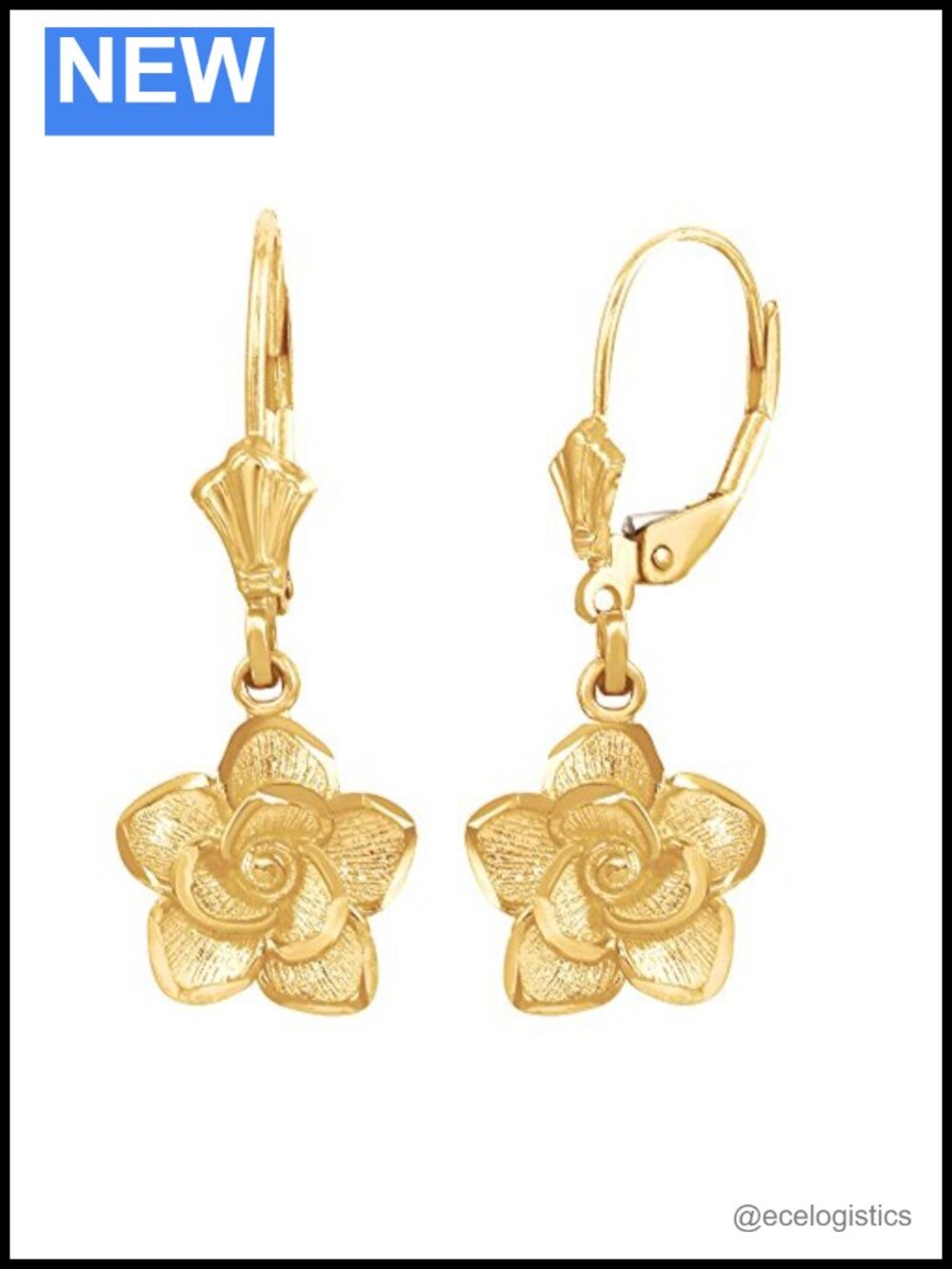 10K Yellow Gold Carved Rose Flower Dangle Lever Back Earrings